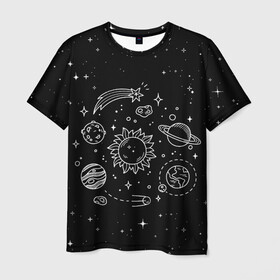 Мужская футболка 3D с принтом Космос нарисованный  в Кировске, 100% полиэфир | прямой крой, круглый вырез горловины, длина до линии бедер | Тематика изображения на принте: nasa | астрономия | вселенная | галактика | звёзды | земля | комета | марс | метеорит | небо | планета | планеты | рисунок | сатурн | солнце | спутник | юпитер
