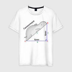 Мужская футболка хлопок с принтом Гиппопотинуза в Кировске, 100% хлопок | прямой крой, круглый вырез горловины, длина до линии бедер, слегка спущенное плечо. | гиппопотам. гипотенуза. катет | теорема | треугольник | угол. геометрия. математика. школа