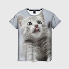 Женская футболка 3D с принтом Котенок в Кировске, 100% полиэфир ( синтетическое хлопкоподобное полотно) | прямой крой, круглый вырез горловины, длина до линии бедер | голова | животные | кот | котенок | котик | кошка | мордочка | природа | язык