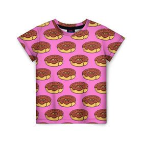 Детская футболка 3D с принтом Пончики Паттерн в Кировске, 100% гипоаллергенный полиэфир | прямой крой, круглый вырез горловины, длина до линии бедер, чуть спущенное плечо, ткань немного тянется | donut | вкусный | вкусняшка | еда | пончик | розовый