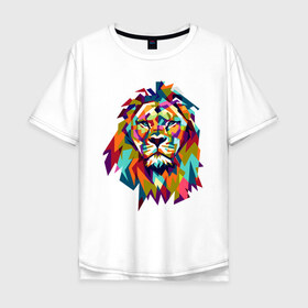 Мужская футболка хлопок Oversize с принтом Lion в Кировске, 100% хлопок | свободный крой, круглый ворот, “спинка” длиннее передней части | cat | geometry | leo | lion | polygonal | wild | геометрия | дикий | животное | кот | лев | хищник | яркий