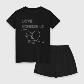 Женская пижама с шортиками хлопок с принтом BTS LOVE YOURSELF в Кировске, 100% хлопок | футболка прямого кроя, шорты свободные с широкой мягкой резинкой | bangtan boys | bt21 | bts | bts army | bts stickers | j hope | jimin | jin | jungkook | k pop | rap monster | rapmon | suga | v | бтс | корея | стикеры bts