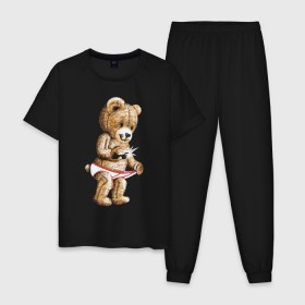 Мужская пижама хлопок с принтом Nasty bear в Кировске, 100% хлопок | брюки и футболка прямого кроя, без карманов, на брюках мягкая резинка на поясе и по низу штанин
 | Тематика изображения на принте: медведь | мишка | плюшевый | селфи | тедди