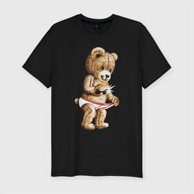 Мужская футболка премиум с принтом Nasty bear в Кировске, 92% хлопок, 8% лайкра | приталенный силуэт, круглый вырез ворота, длина до линии бедра, короткий рукав | Тематика изображения на принте: медведь | мишка | плюшевый | селфи | тедди