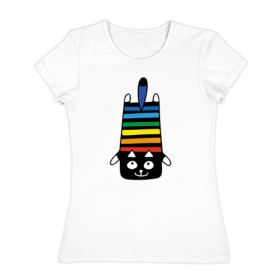 Женская футболка хлопок с принтом Rainbow cat в Кировске, 100% хлопок | прямой крой, круглый вырез горловины, длина до линии бедер, слегка спущенное плечо | black | cat | cool | creative | dark | design | halloween | hype | kitten | rainbow | vanguard | авангард | дизайн | кот | котенок | кошка | креатив | круто | радуга | темный | хайп | хэллоуин | черный