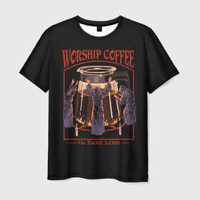 Мужская футболка 3D с принтом Worship Coffee в Кировске, 100% полиэфир | прямой крой, круглый вырез горловины, длина до линии бедер | 80 е | 80s | 90 е | 90s | oldschool | retro | retrowave | stranger thing | vintage | винтаж | олдскул | ретро | ретровейв | странные дела