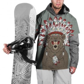 Накидка на куртку 3D с принтом Медведь индеец в Кировске, 100% полиэстер |  | animal | bear | braids | feathers | in | взгляд | голова | графика | дикий | животное | индеец | ирокез | картинка | косы | красивый | крутой | лучший | медведь | мода | модный | молодёжная | орнамент | перья | природа