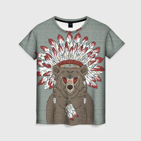 Женская футболка 3D с принтом Медведь индеец в Кировске, 100% полиэфир ( синтетическое хлопкоподобное полотно) | прямой крой, круглый вырез горловины, длина до линии бедер | animal | bear | braids | feathers | in | взгляд | голова | графика | дикий | животное | индеец | ирокез | картинка | косы | красивый | крутой | лучший | медведь | мода | модный | молодёжная | орнамент | перья | природа