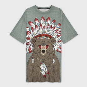 Платье-футболка 3D с принтом Медведь индеец в Кировске,  |  | Тематика изображения на принте: animal | bear | braids | feathers | in | взгляд | голова | графика | дикий | животное | индеец | ирокез | картинка | косы | красивый | крутой | лучший | медведь | мода | модный | молодёжная | орнамент | перья | природа