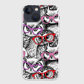 Чехол для iPhone 13 mini с принтом Совы в Кировске,  |  | birds | li | night | owls | predators | red | белый | взгляд | горошек | графика | картинка | красивый | красный | крутой | лучший | мода | модный | молодёжная | ночные | очки | птицы | рисунок | розовый | сила | сиреневый