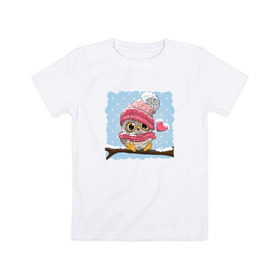 Детская футболка хлопок с принтом Зимний Совёнок в Кировске, 100% хлопок | круглый вырез горловины, полуприлегающий силуэт, длина до линии бедер | зима | лапочка | маленький | метель | милый | мимими | перья | птенчик | птица | сердечко | снег | снежинка | сова | филин | шапка