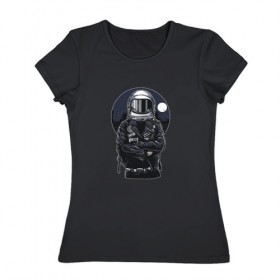 Женская футболка хлопок с принтом Biker Astronaut в Кировске, 100% хлопок | прямой крой, круглый вырез горловины, длина до линии бедер, слегка спущенное плечо | астронавт | байкер | вселенная | звезды | космонавт | космос | косуха | крутой | луна | наса | рок | шлем