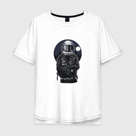 Мужская футболка хлопок Oversize с принтом Biker Astronaut в Кировске, 100% хлопок | свободный крой, круглый ворот, “спинка” длиннее передней части | Тематика изображения на принте: астронавт | байкер | вселенная | звезды | космонавт | космос | косуха | крутой | луна | наса | рок | шлем
