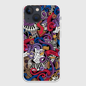 Чехол для iPhone 13 mini с принтом Music collage в Кировске,  |  | collage | instruments | music | musical | not | волны | гитары | графика | звёзды | инструменты | искусство | картинка | клавиши | коллаж | колонки | крутой | лучший | микрофоны | мода | модный | молодёжная | музыка