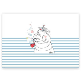 Поздравительная открытка с принтом Бегемот моряк в Кировске, 100% бумага | плотность бумаги 280 г/м2, матовая, на обратной стороне линовка и место для марки
 | a | blush | bubbles | cap | deck | hippo | pipe | sailor | sea | ship | smokes | stripes | бегемот | графика | детский | искусство | картинка | корабль | крутой | лучший | мода | модный | молодёжная | море | моряк | палуба | пилотка | полосы
