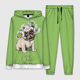 Женский костюм 3D с принтом My little hippie в Кировске,  |  | breed | dog | hippie | kid | little | my | pug | puppy | wreath | венок | графика | зелёный | картинка | красивый | крутой | лучший | маленький | малыш | мода | модный | мой | молодёжная | мопс | порода | рисунок | ромашки | собака