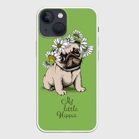 Чехол для iPhone 13 mini с принтом My little hippie в Кировске,  |  | breed | dog | hippie | kid | little | my | pug | puppy | wreath | венок | графика | зелёный | картинка | красивый | крутой | лучший | маленький | малыш | мода | модный | мой | молодёжная | мопс | порода | рисунок | ромашки | собака