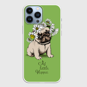 Чехол для iPhone 13 Pro Max с принтом My little hippie в Кировске,  |  | breed | dog | hippie | kid | little | my | pug | puppy | wreath | венок | графика | зелёный | картинка | красивый | крутой | лучший | маленький | малыш | мода | модный | мой | молодёжная | мопс | порода | рисунок | ромашки | собака