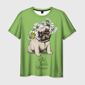 Мужская футболка 3D с принтом My little hippie в Кировске, 100% полиэфир | прямой крой, круглый вырез горловины, длина до линии бедер | breed | dog | hippie | kid | little | my | pug | puppy | wreath | венок | графика | зелёный | картинка | красивый | крутой | лучший | маленький | малыш | мода | модный | мой | молодёжная | мопс | порода | рисунок | ромашки | собака
