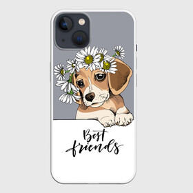 Чехол для iPhone 13 с принтом Best friend в Кировске,  |  | Тематика изображения на принте: backgroun | best | breed | daisies | dog | flowers | friend | green | kid | puppy | wreath | венок | графика | друг | зелёный | картинка | красивый | крутой | лучший | малыш | мода | модный | молодёжная | порода | рисунок | ромашки | собака