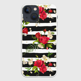 Чехол для iPhone 13 mini с принтом Розы и орхидеи в Кировске,  |  | flowers | orchi | roses | белый | букеты | графика | зелёный | искусство | картинка | красивый | красный | крутой | листья | мода | модный | молодёжная | орнамент | орхидеи | полосы | рисунок | розы | рукоделие