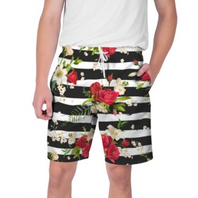 Мужские шорты 3D с принтом Розы и орхидеи в Кировске,  полиэстер 100% | прямой крой, два кармана без застежек по бокам. Мягкая трикотажная резинка на поясе, внутри которой широкие завязки. Длина чуть выше колен | flowers | orchi | roses | белый | букеты | графика | зелёный | искусство | картинка | красивый | красный | крутой | листья | мода | модный | молодёжная | орнамент | орхидеи | полосы | рисунок | розы | рукоделие