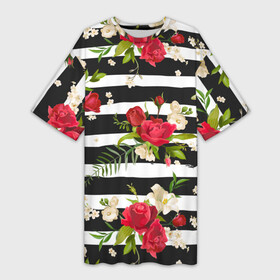 Платье-футболка 3D с принтом Розы и орхидеи в Кировске,  |  | Тематика изображения на принте: flowers | orchi | roses | белый | букеты | графика | зелёный | искусство | картинка | красивый | красный | крутой | листья | мода | модный | молодёжная | орнамент | орхидеи | полосы | рисунок | розы | рукоделие