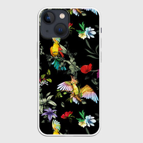 Чехол для iPhone 13 mini с принтом Попугаи в Кировске,  |  | parrots | ветки | графика | джунгли | искусство | картинка | красивый | красный | крутой | листья | мода | модный | молодёжная | орнамент | попугаи | рисунок | розовый | рукоделие | синий | стиль