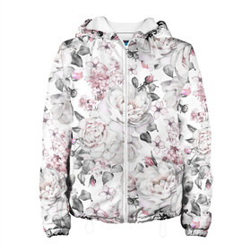 Женская куртка 3D с принтом Белые розы в Кировске, ткань верха — 100% полиэстер, подклад — флис | прямой крой, подол и капюшон оформлены резинкой с фиксаторами, два кармана без застежек по бокам, один большой потайной карман на груди. Карман на груди застегивается на липучку | bouquets | color | gray | leave | lowers | ornament | patterns | pink | roses | букеты | графика | искусство | картинка | красивый | крутой | листья | мода | модный | молодёжная | орнамент | рисунок | розовые | розы | рукоделие | серый