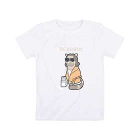 Детская футболка хлопок с принтом Big Meowski в Кировске, 100% хлопок | круглый вырез горловины, полуприлегающий силуэт, длина до линии бедер | Тематика изображения на принте: большой лебовски | боулинг | дюдя | кино | комедия | кот | котейка | котенок | котэ | кошка | молоко | хиппи | чувак | юмор