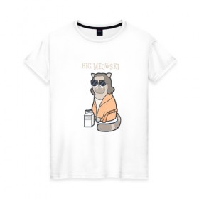 Женская футболка хлопок с принтом Big Meowski в Кировске, 100% хлопок | прямой крой, круглый вырез горловины, длина до линии бедер, слегка спущенное плечо | большой лебовски | боулинг | дюдя | кино | комедия | кот | котейка | котенок | котэ | кошка | молоко | хиппи | чувак | юмор