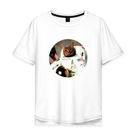Мужская футболка хлопок Oversize с принтом Cat Astronaut в Кировске, 100% хлопок | свободный крой, круглый ворот, “спинка” длиннее передней части | Тематика изображения на принте: 