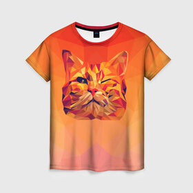 Женская футболка 3D с принтом Подмигивающий кот (Low Poly) в Кировске, 100% полиэфир ( синтетическое хлопкоподобное полотно) | прямой крой, круглый вырез горловины, длина до линии бедер | Тематика изображения на принте: cat | fox | kitty | low | lowpoly | poly | веселая | геометрия | грозовой кошак | желтая | кот | котейка | котофей | кошак | лиса | любителям кошек | низкополигональный | позитив | прикольная | рисунок | рыжая | узор