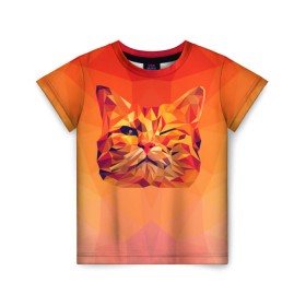 Детская футболка 3D с принтом Подмигивающий кот (Low Poly) в Кировске, 100% гипоаллергенный полиэфир | прямой крой, круглый вырез горловины, длина до линии бедер, чуть спущенное плечо, ткань немного тянется | cat | fox | kitty | low | lowpoly | poly | веселая | геометрия | грозовой кошак | желтая | кот | котейка | котофей | кошак | лиса | любителям кошек | низкополигональный | позитив | прикольная | рисунок | рыжая | узор