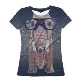 Женская футболка 3D с принтом Слон в очках в Кировске, 100% полиэфир ( синтетическое хлопкоподобное полотно) | прямой крой, круглый вырез горловины, длина до линии бедер | 