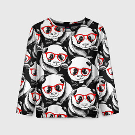 Детский лонгслив 3D с принтом Панды в красных очках в Кировске, 100% полиэстер | длинные рукава, круглый вырез горловины, полуприлегающий силуэт
 | animals | bears | funny | head | muzzl | pandas | red | весёлые | взгляд | голова | графика | животные | искусство | картинка | красивый | красные | крутой | медведи | мода | модный | молодёжная | очки | панды | рисунок