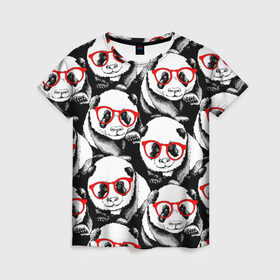 Женская футболка 3D с принтом Панды в красных очках в Кировске, 100% полиэфир ( синтетическое хлопкоподобное полотно) | прямой крой, круглый вырез горловины, длина до линии бедер | animals | bears | funny | head | muzzl | pandas | red | весёлые | взгляд | голова | графика | животные | искусство | картинка | красивый | красные | крутой | медведи | мода | модный | молодёжная | очки | панды | рисунок