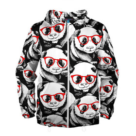 Мужская ветровка 3D с принтом Панды в красных очках в Кировске, 100% полиэстер | подол и капюшон оформлены резинкой с фиксаторами, два кармана без застежек по бокам, один потайной карман на груди | animals | bears | funny | head | muzzl | pandas | red | весёлые | взгляд | голова | графика | животные | искусство | картинка | красивый | красные | крутой | медведи | мода | модный | молодёжная | очки | панды | рисунок