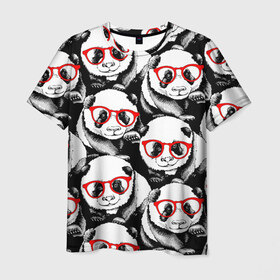 Мужская футболка 3D с принтом Панды в красных очках в Кировске, 100% полиэфир | прямой крой, круглый вырез горловины, длина до линии бедер | Тематика изображения на принте: animals | bears | funny | head | muzzl | pandas | red | весёлые | взгляд | голова | графика | животные | искусство | картинка | красивый | красные | крутой | медведи | мода | модный | молодёжная | очки | панды | рисунок