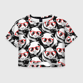 Женская футболка Cropp-top с принтом Панды в красных очках в Кировске, 100% полиэстер | круглая горловина, длина футболки до линии талии, рукава с отворотами | Тематика изображения на принте: animals | bears | funny | head | muzzl | pandas | red | весёлые | взгляд | голова | графика | животные | искусство | картинка | красивый | красные | крутой | медведи | мода | модный | молодёжная | очки | панды | рисунок