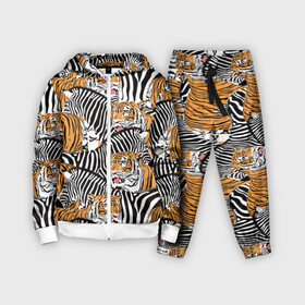 Детский костюм 3D с принтом Тигры и зебры в Кировске,  |  | black | orange | stri | white | абстракция | африка | белая | графика | животное | зебры | искусство | картинка | коллаж | красивый | крутой | лошадь | мода | модный | молодёжная | оранжевая | полосы | рисунок