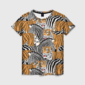 Женская футболка 3D с принтом Тигры и зебры в Кировске, 100% полиэфир ( синтетическое хлопкоподобное полотно) | прямой крой, круглый вырез горловины, длина до линии бедер | black | orange | stri | white | абстракция | африка | белая | графика | животное | зебры | искусство | картинка | коллаж | красивый | крутой | лошадь | мода | модный | молодёжная | оранжевая | полосы | рисунок