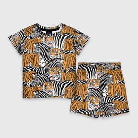 Детский костюм с шортами 3D с принтом Тигры и зебры в Кировске,  |  | black | orange | stri | white | абстракция | африка | белая | графика | животное | зебры | искусство | картинка | коллаж | красивый | крутой | лошадь | мода | модный | молодёжная | оранжевая | полосы | рисунок