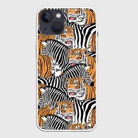 Чехол для iPhone 13 с принтом Тигры и зебры в Кировске,  |  | black | orange | stri | white | абстракция | африка | белая | графика | животное | зебры | искусство | картинка | коллаж | красивый | крутой | лошадь | мода | модный | молодёжная | оранжевая | полосы | рисунок