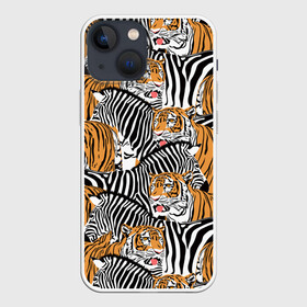 Чехол для iPhone 13 mini с принтом Тигры и зебры в Кировске,  |  | black | orange | stri | white | абстракция | африка | белая | графика | животное | зебры | искусство | картинка | коллаж | красивый | крутой | лошадь | мода | модный | молодёжная | оранжевая | полосы | рисунок