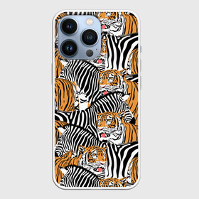 Чехол для iPhone 13 Pro с принтом Тигры и зебры в Кировске,  |  | Тематика изображения на принте: black | orange | stri | white | абстракция | африка | белая | графика | животное | зебры | искусство | картинка | коллаж | красивый | крутой | лошадь | мода | модный | молодёжная | оранжевая | полосы | рисунок