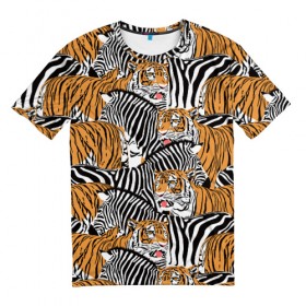 Мужская футболка 3D с принтом Тигры и зебры в Кировске, 100% полиэфир | прямой крой, круглый вырез горловины, длина до линии бедер | black | orange | stri | white | абстракция | африка | белая | графика | животное | зебры | искусство | картинка | коллаж | красивый | крутой | лошадь | мода | модный | молодёжная | оранжевая | полосы | рисунок