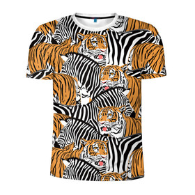 Мужская футболка 3D спортивная с принтом Тигры и зебры в Кировске, 100% полиэстер с улучшенными характеристиками | приталенный силуэт, круглая горловина, широкие плечи, сужается к линии бедра | black | orange | stri | white | абстракция | африка | белая | графика | животное | зебры | искусство | картинка | коллаж | красивый | крутой | лошадь | мода | модный | молодёжная | оранжевая | полосы | рисунок