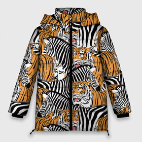 Женская зимняя куртка 3D с принтом Тигры и зебры в Кировске, верх — 100% полиэстер; подкладка — 100% полиэстер; утеплитель — 100% полиэстер | длина ниже бедра, силуэт Оверсайз. Есть воротник-стойка, отстегивающийся капюшон и ветрозащитная планка. 

Боковые карманы с листочкой на кнопках и внутренний карман на молнии | black | orange | stri | white | абстракция | африка | белая | графика | животное | зебры | искусство | картинка | коллаж | красивый | крутой | лошадь | мода | модный | молодёжная | оранжевая | полосы | рисунок