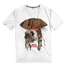 Мужская футболка 3D с принтом Pirate PUG в Кировске, 100% полиэфир | прямой крой, круглый вырез горловины, длина до линии бедер | drawing | picture | белый | брутальный | взгляд | графика | животное | искусство | картинка | косички | крутой | лучший | модный | мопс | морской | пиратский | платок | порода | разбойник | рисунок | сильный